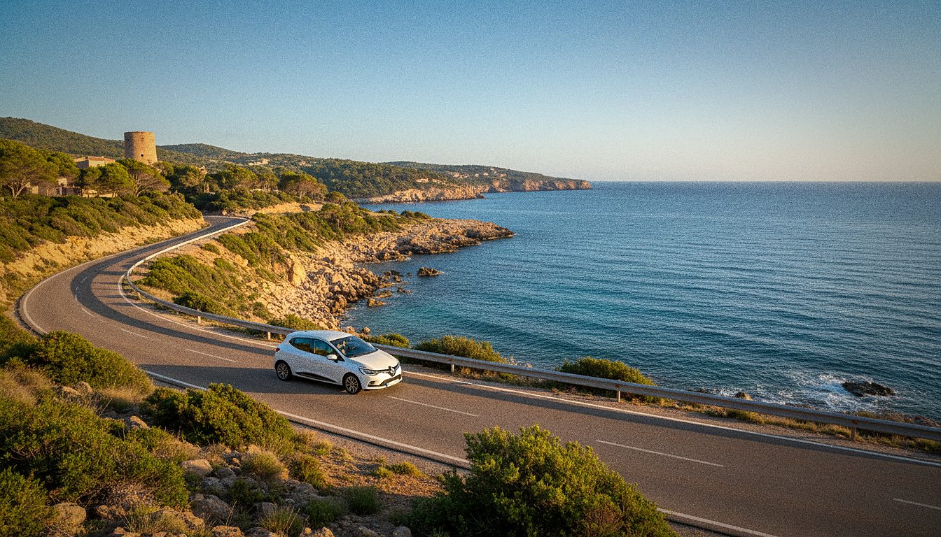 Hire car driving the coastal road along the Mallorca shoreline