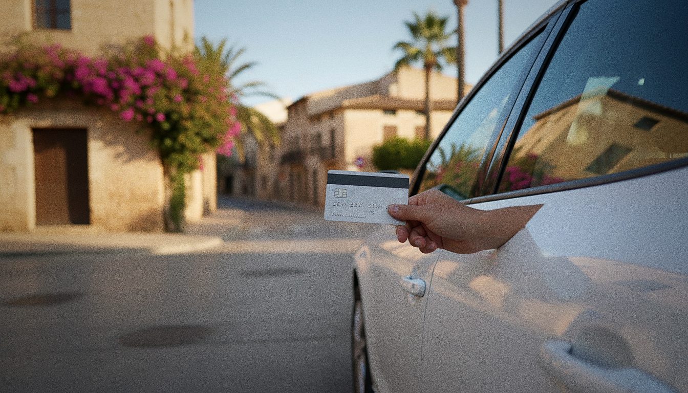 Traveller holding a debit card beside a rental car in Palma de Mallorca