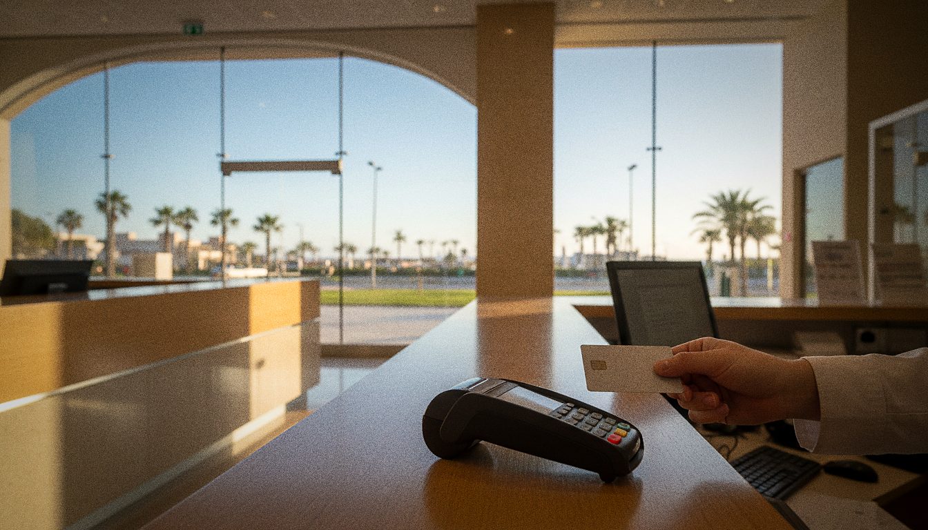 Paying for a car rental with a debit card at a Palma Airport counter