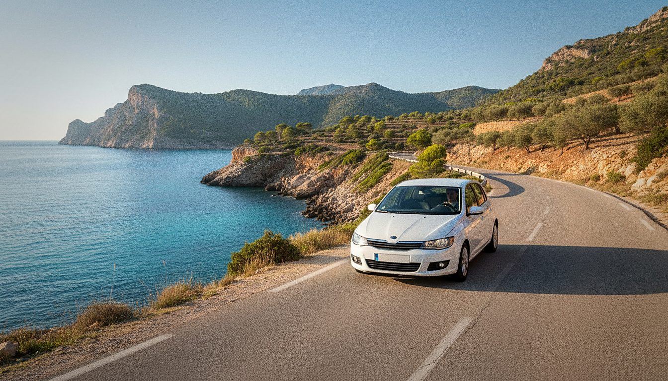 Rental car on a coastal road near Palma de Mallorca