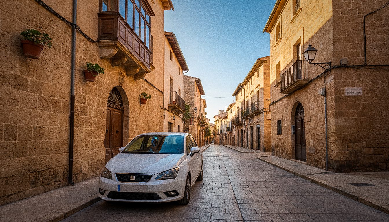 Rental car parked on a street in the old town of Palma de Mallorca